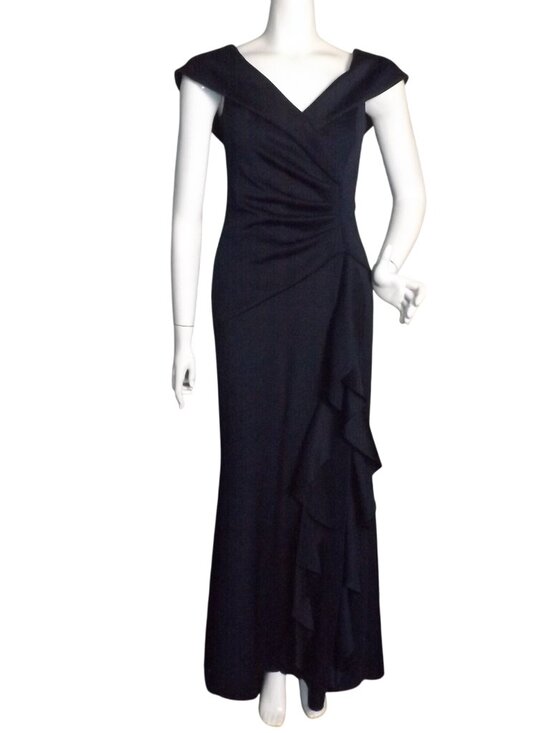 Xscape Dresses & Skirts - XSCAPE Gown/Dress, 8, Navy Blue,  Ruffle, V-neck, Gathered, Cap Sleeve, Zipper